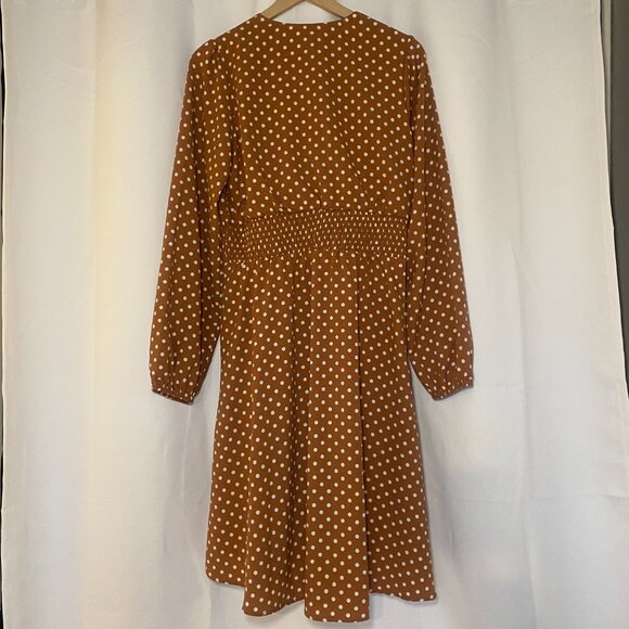 Draper James RSVP Caramel Brown Polka Dot A-Line Dress Womens L Long Sleeve EUC - Picture 2 of 8